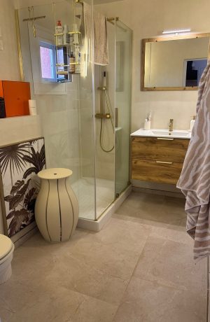 Salle de bain entièrement en béton ciré à Fréjus, douche et meuble vasque, réalisation MLJ Rénovation